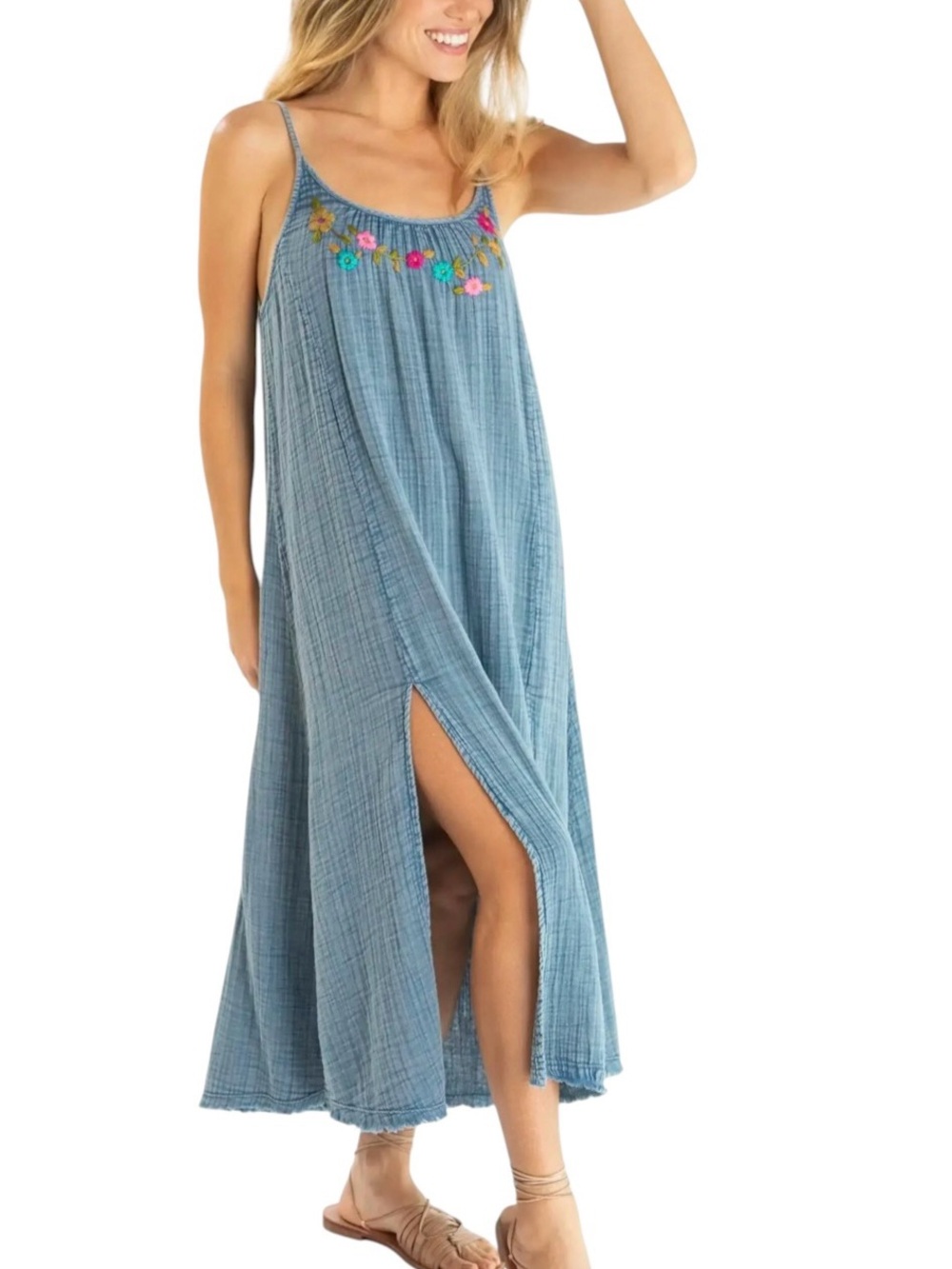 Natural Life Blue Cosette Embroidered Floral Cotton Gauze Midi Dress Medium NWT